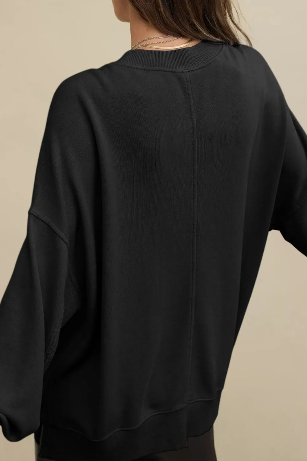 Side Slit Round Neck Long Sleeve Sweatshirt - Korvel