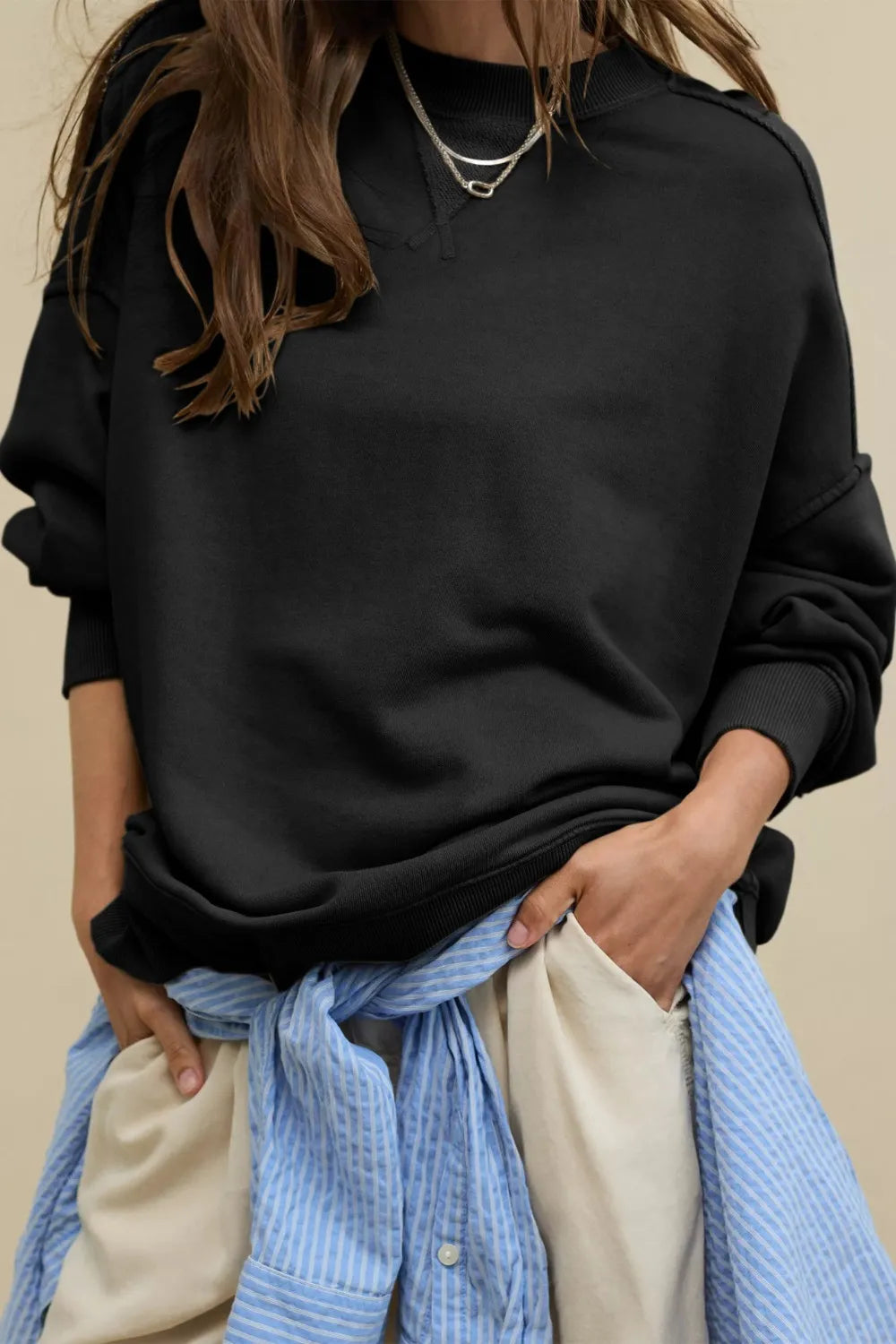 Side Slit Round Neck Long Sleeve Sweatshirt - Korvel