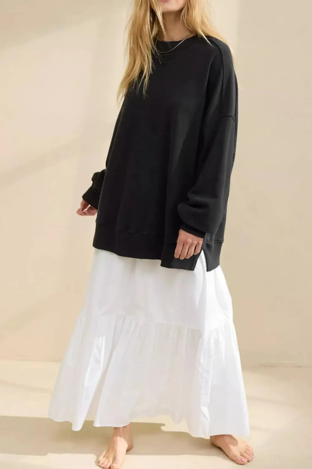 Side Slit Round Neck Long Sleeve Sweatshirt - Korvel