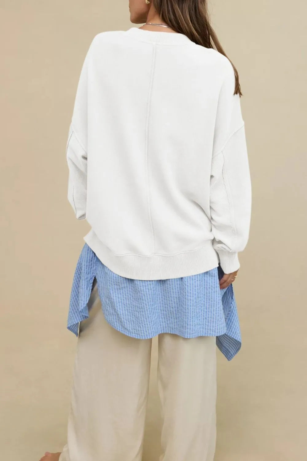 Side Slit Round Neck Long Sleeve Sweatshirt - Korvel