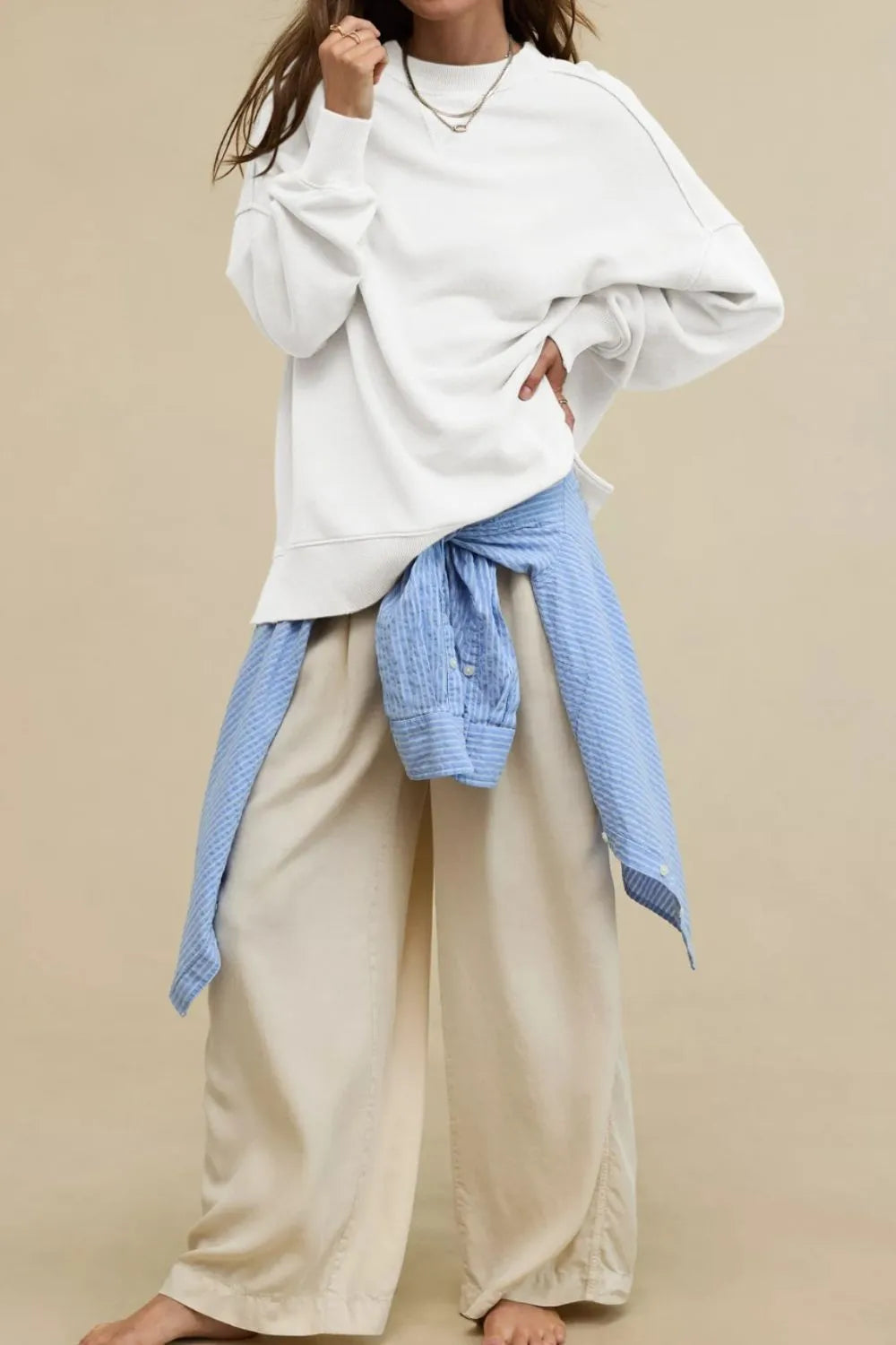 Side Slit Round Neck Long Sleeve Sweatshirt - Korvel