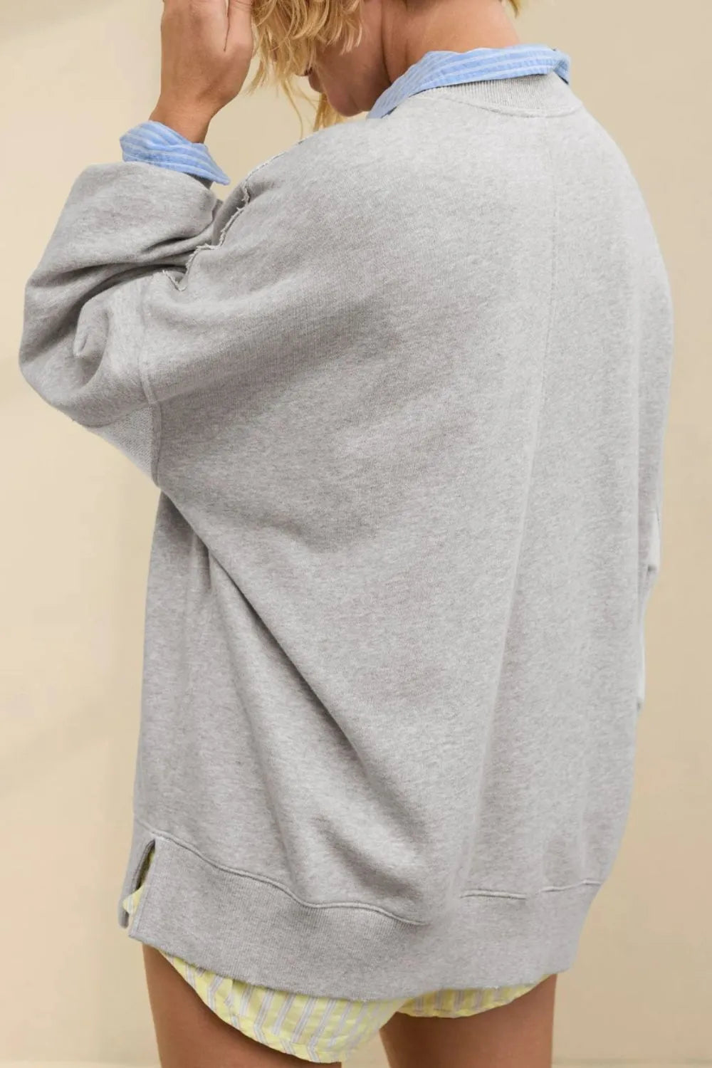 Side Slit Round Neck Long Sleeve Sweatshirt - Korvel