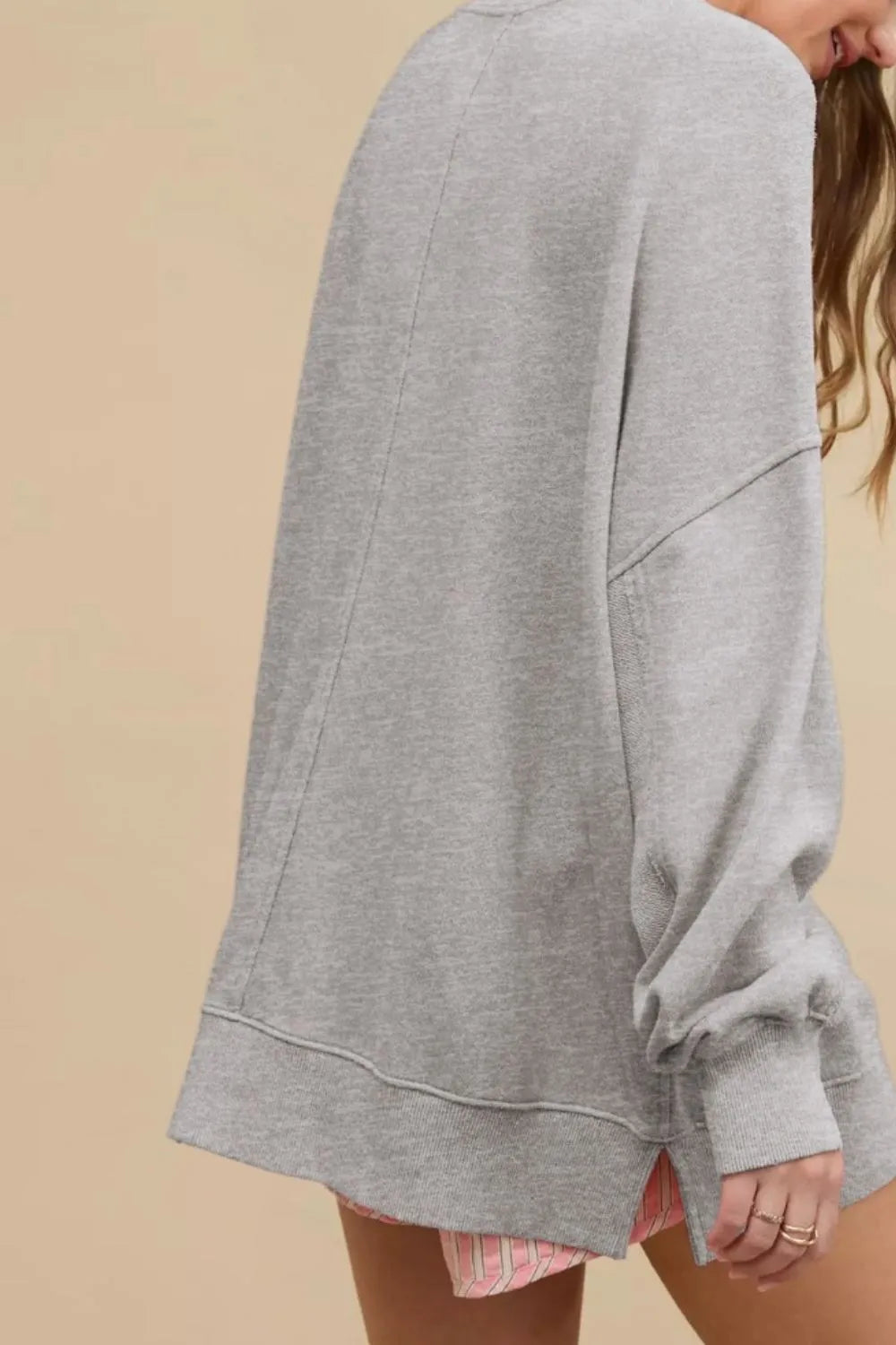 Side Slit Round Neck Long Sleeve Sweatshirt - Korvel