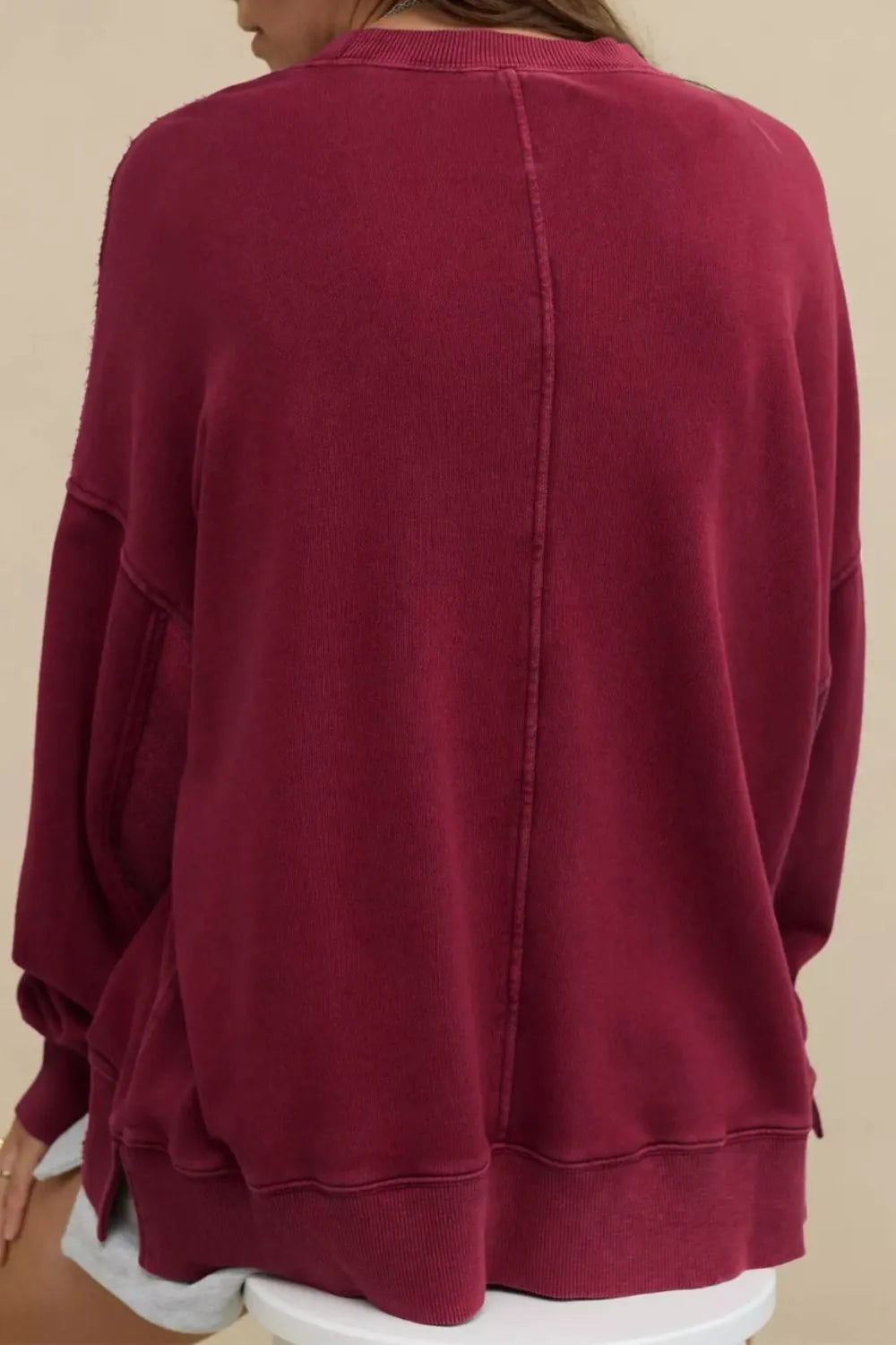 Side Slit Round Neck Long Sleeve Sweatshirt - Korvel