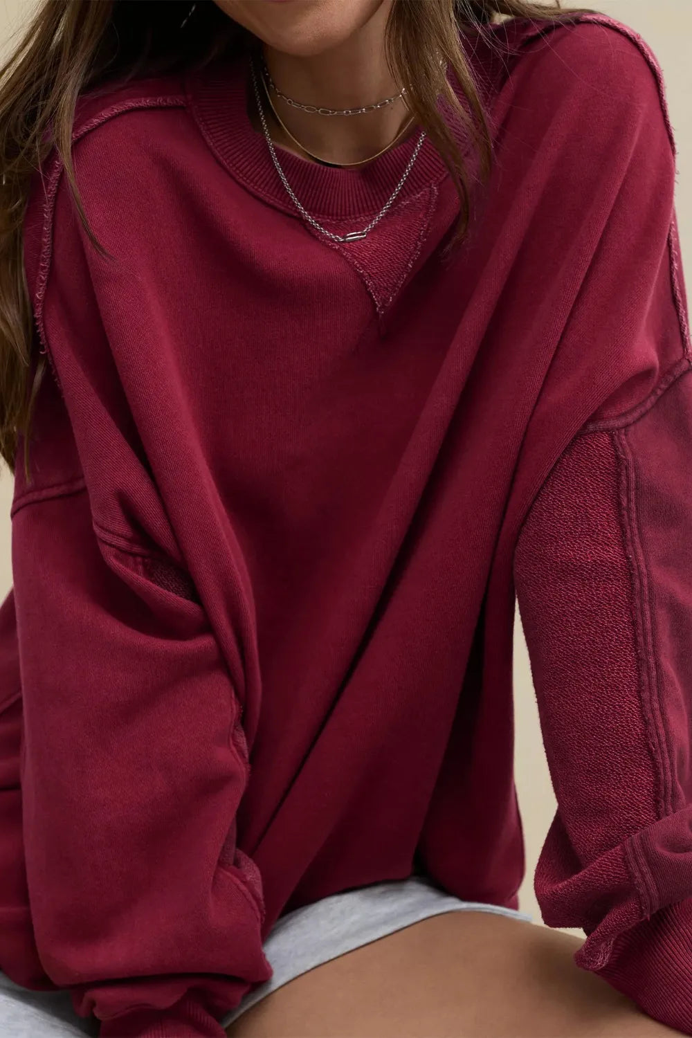 Side Slit Round Neck Long Sleeve Sweatshirt - Korvel