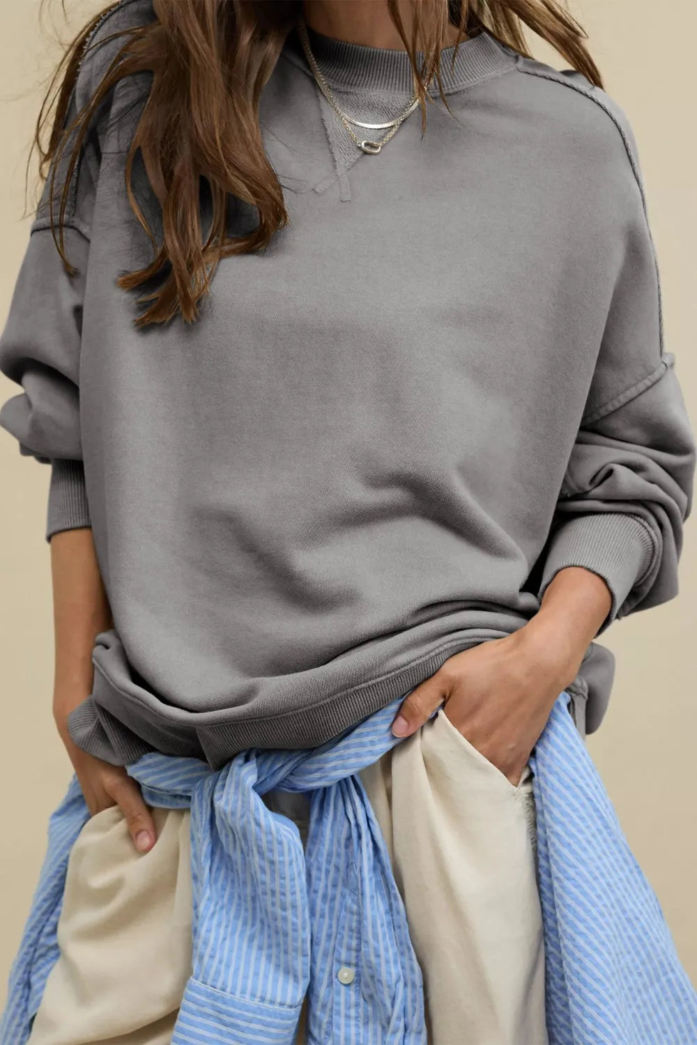 Side Slit Round Neck Long Sleeve Sweatshirt - Korvel