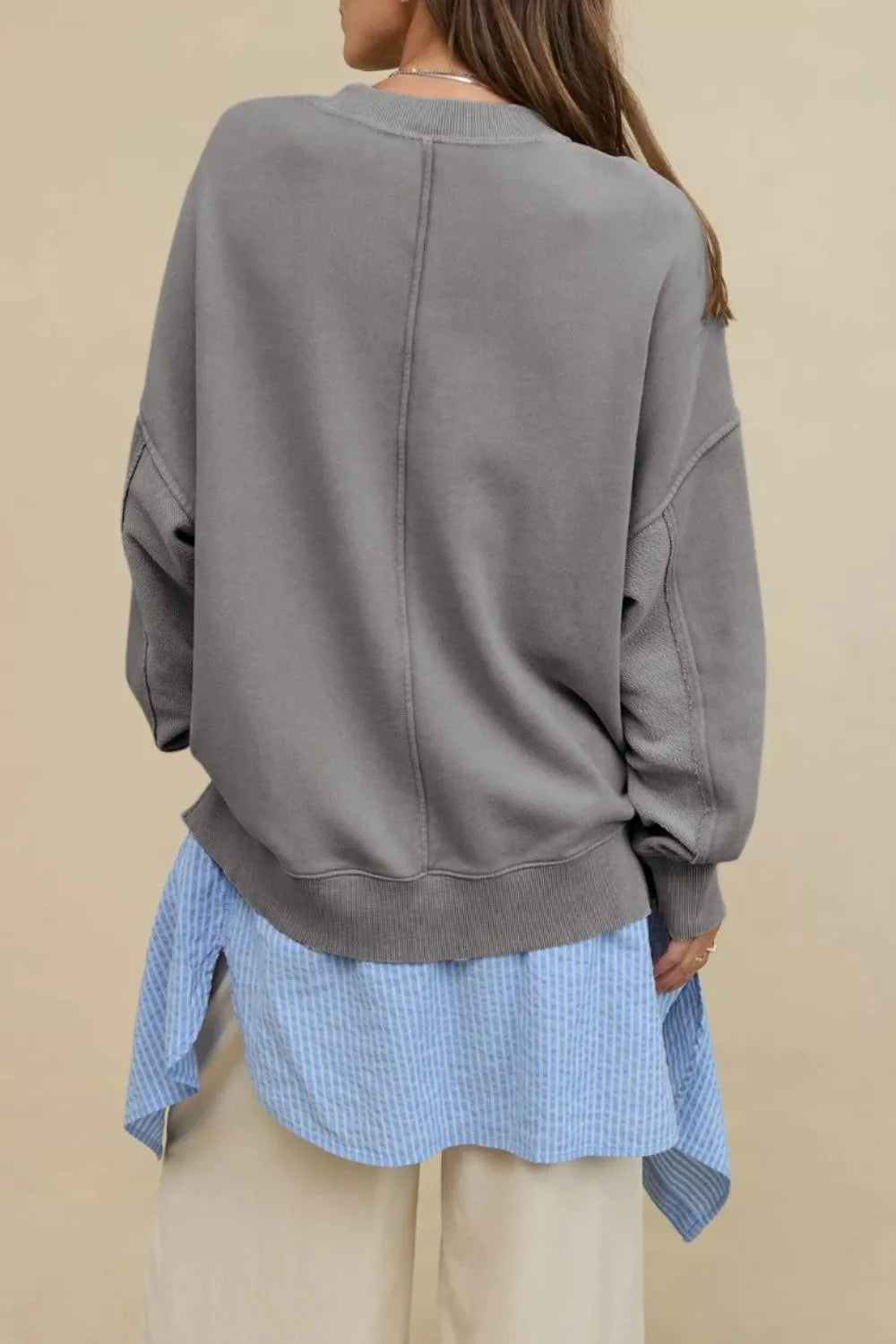 Side Slit Round Neck Long Sleeve Sweatshirt - Korvel