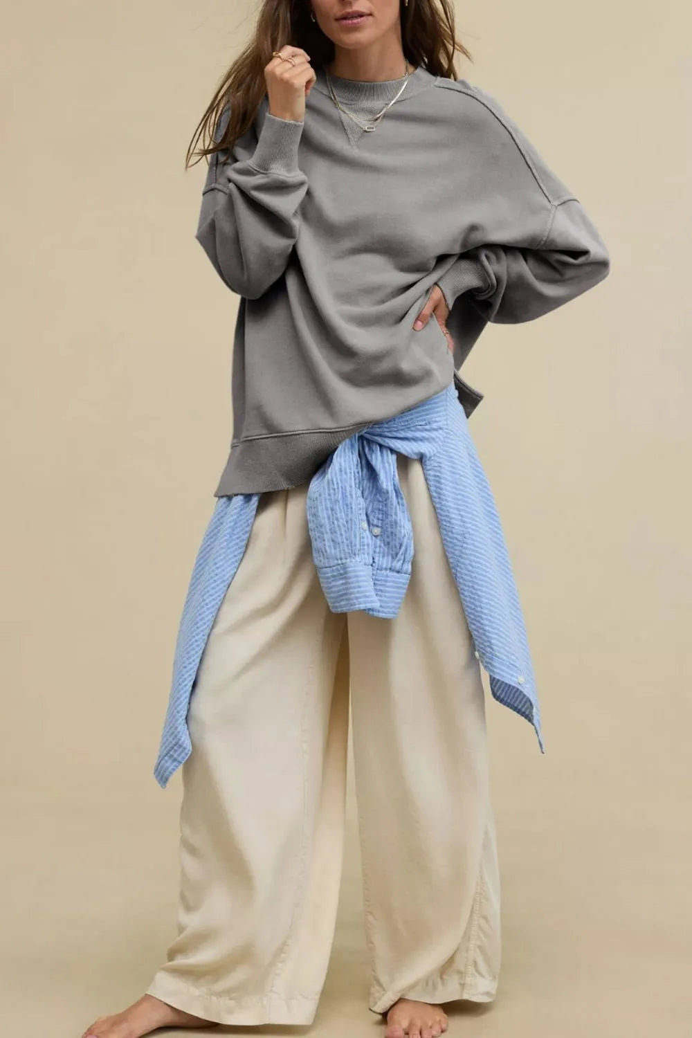 Side Slit Round Neck Long Sleeve Sweatshirt - Korvel