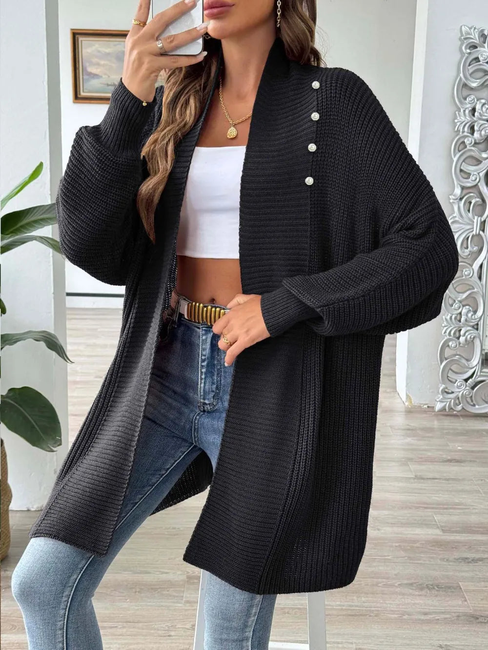 Simple and fashionable loose sweater with pearl nail beads cardigan - Korvel