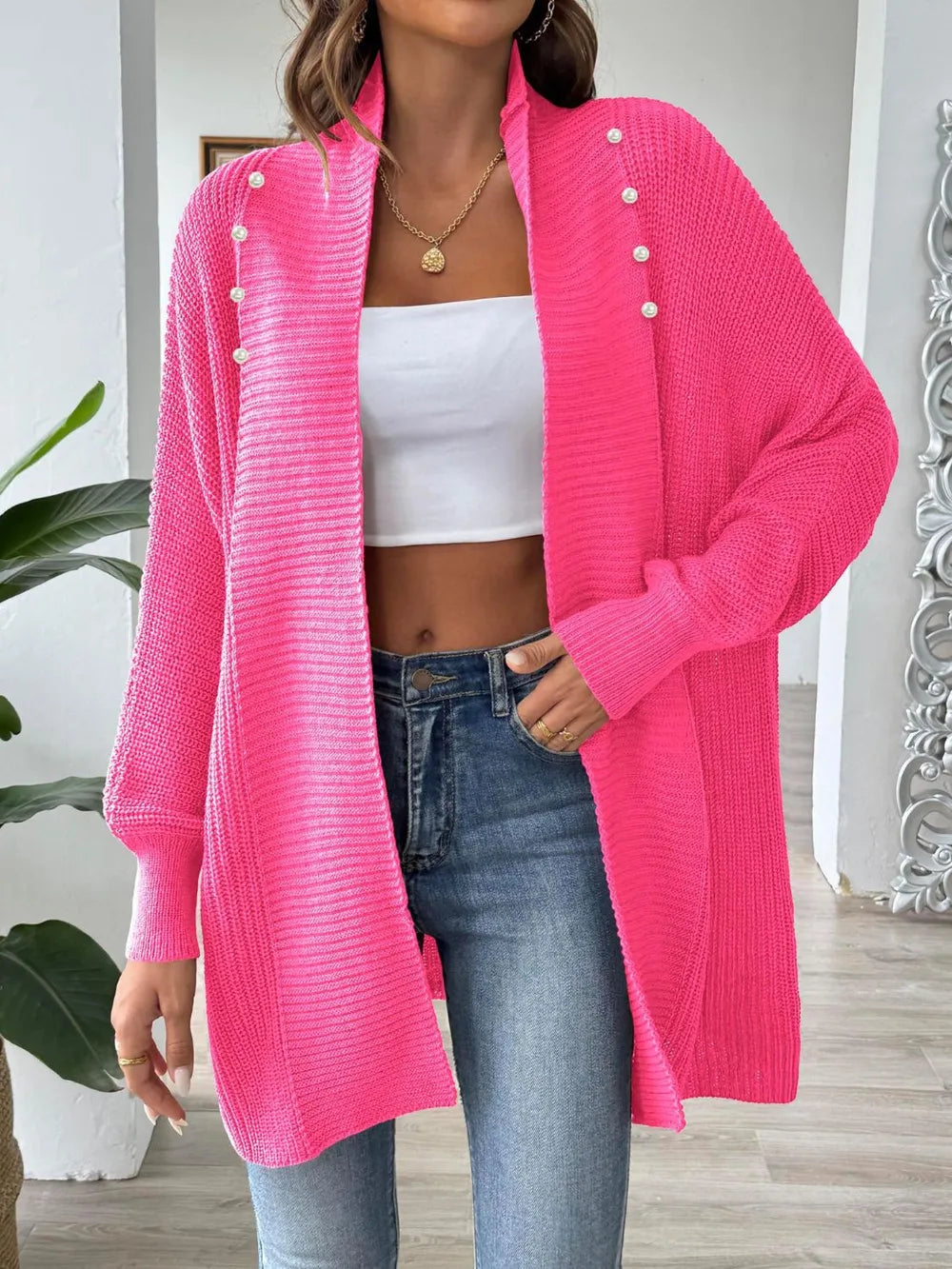 Simple and fashionable loose sweater with pearl nail beads cardigan - Korvel