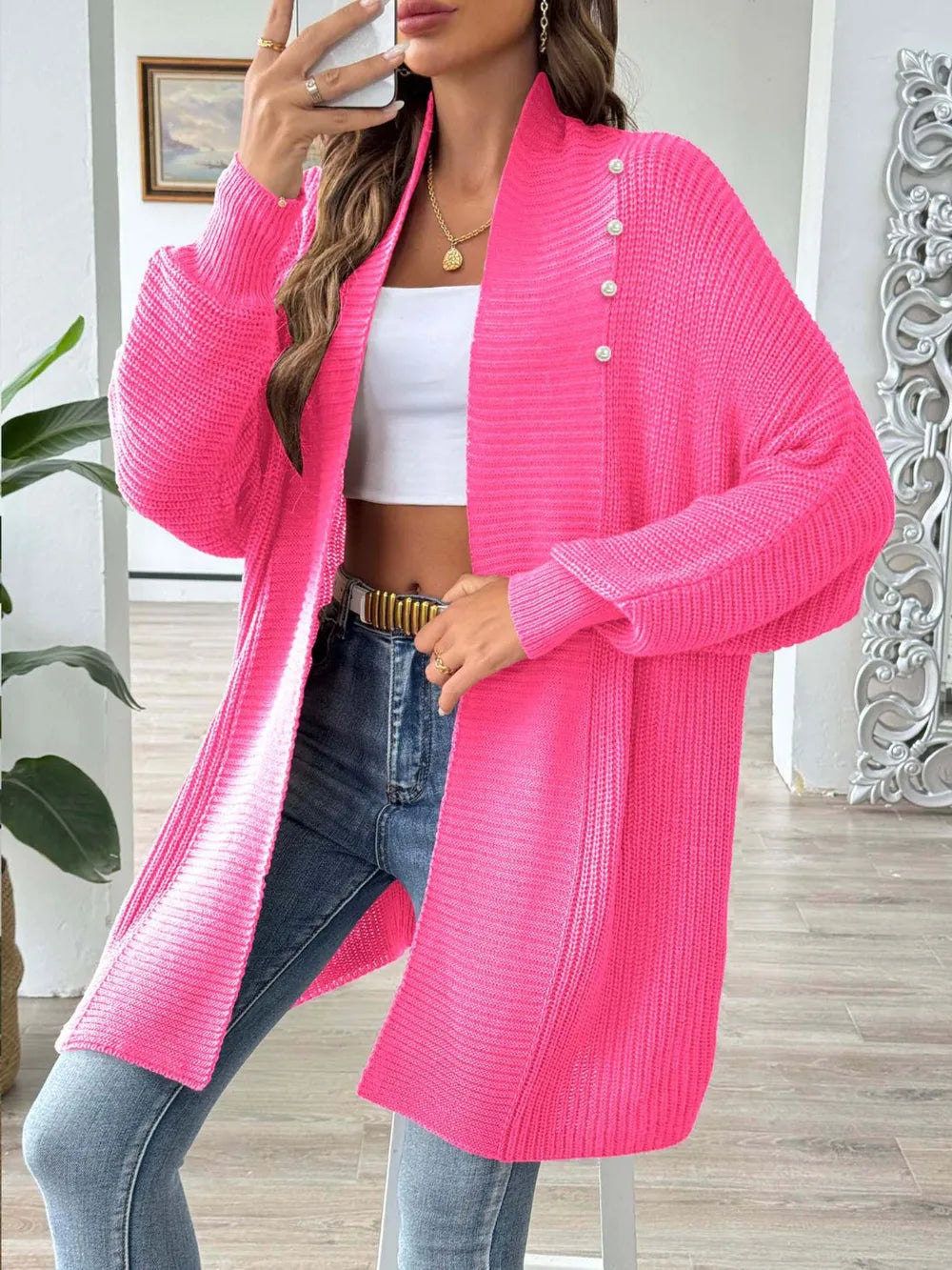 Simple and fashionable loose sweater with pearl nail beads cardigan - Korvel