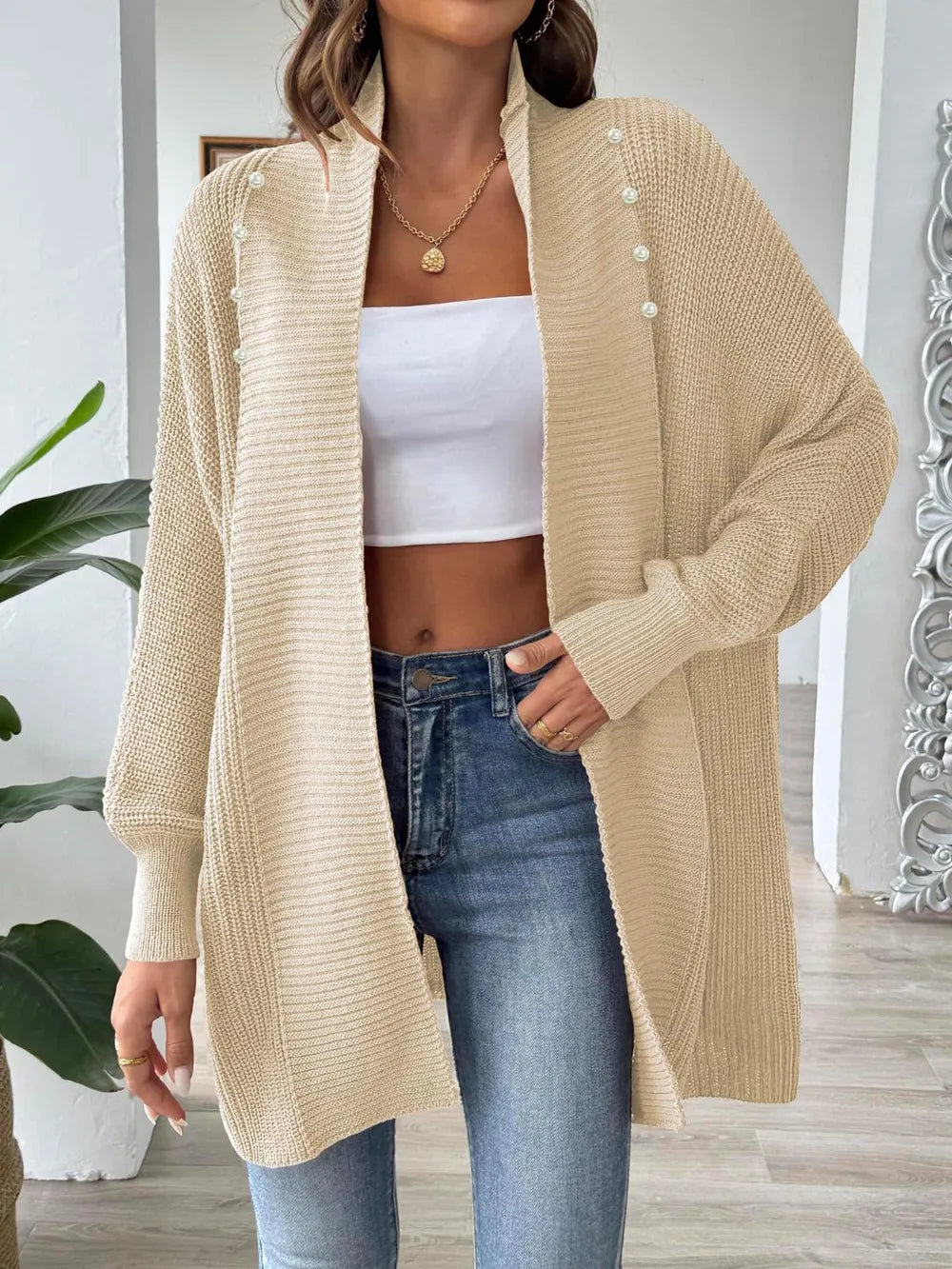 Simple and fashionable loose sweater with pearl nail beads cardigan - Korvel