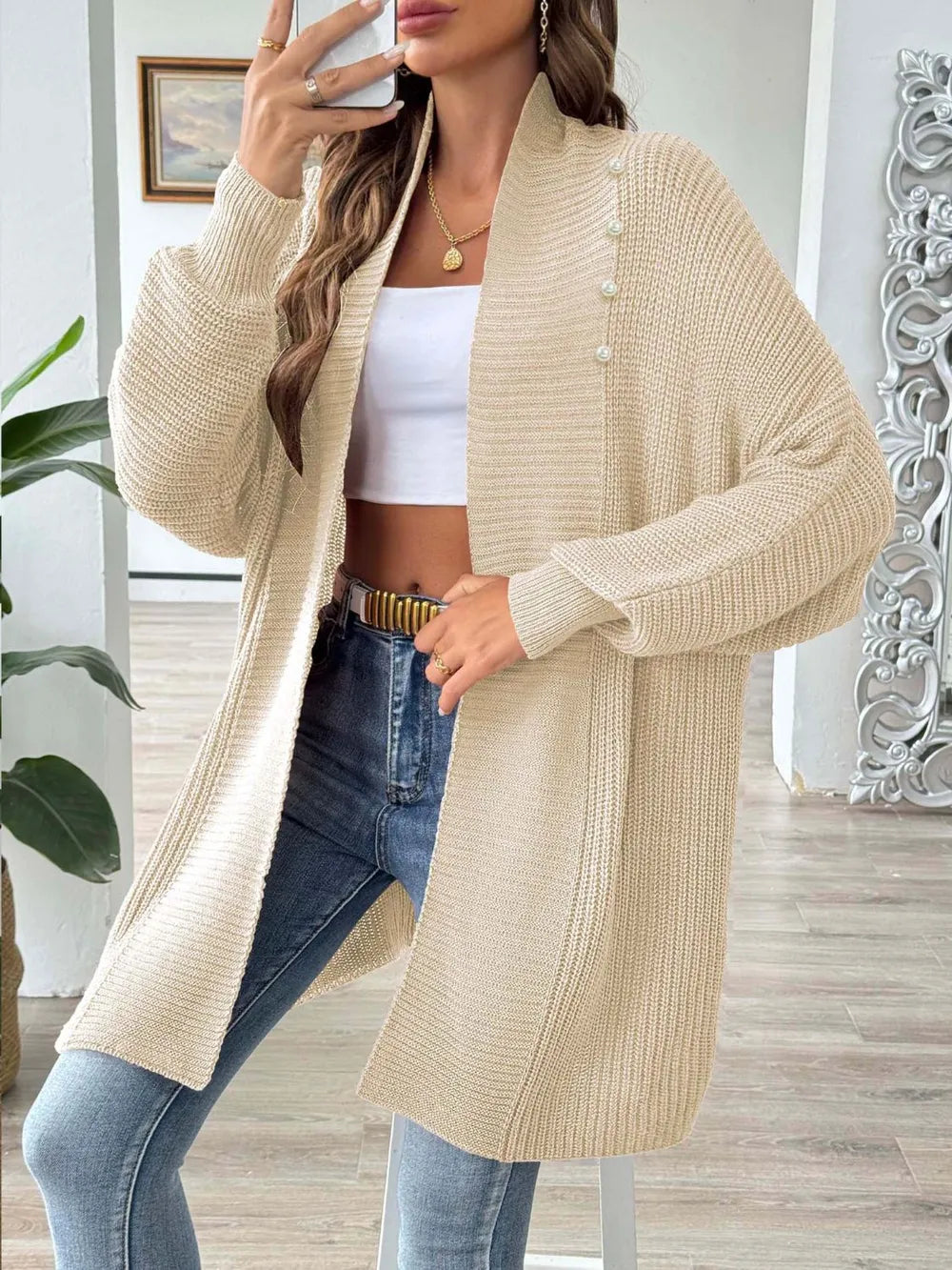 Simple and fashionable loose sweater with pearl nail beads cardigan - Korvel