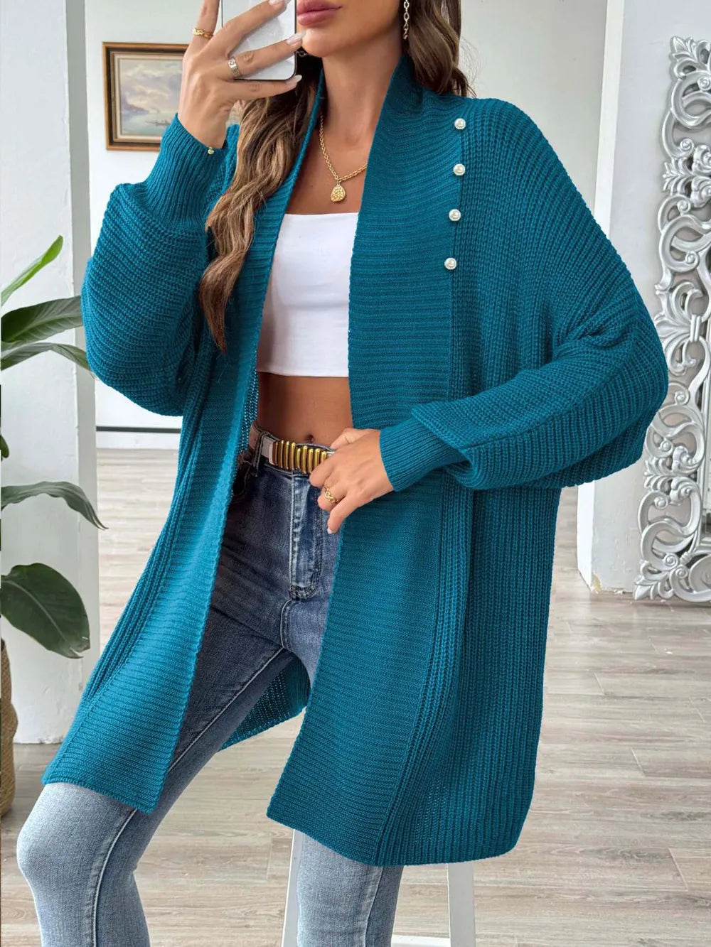 Simple and fashionable loose sweater with pearl nail beads cardigan - Korvel