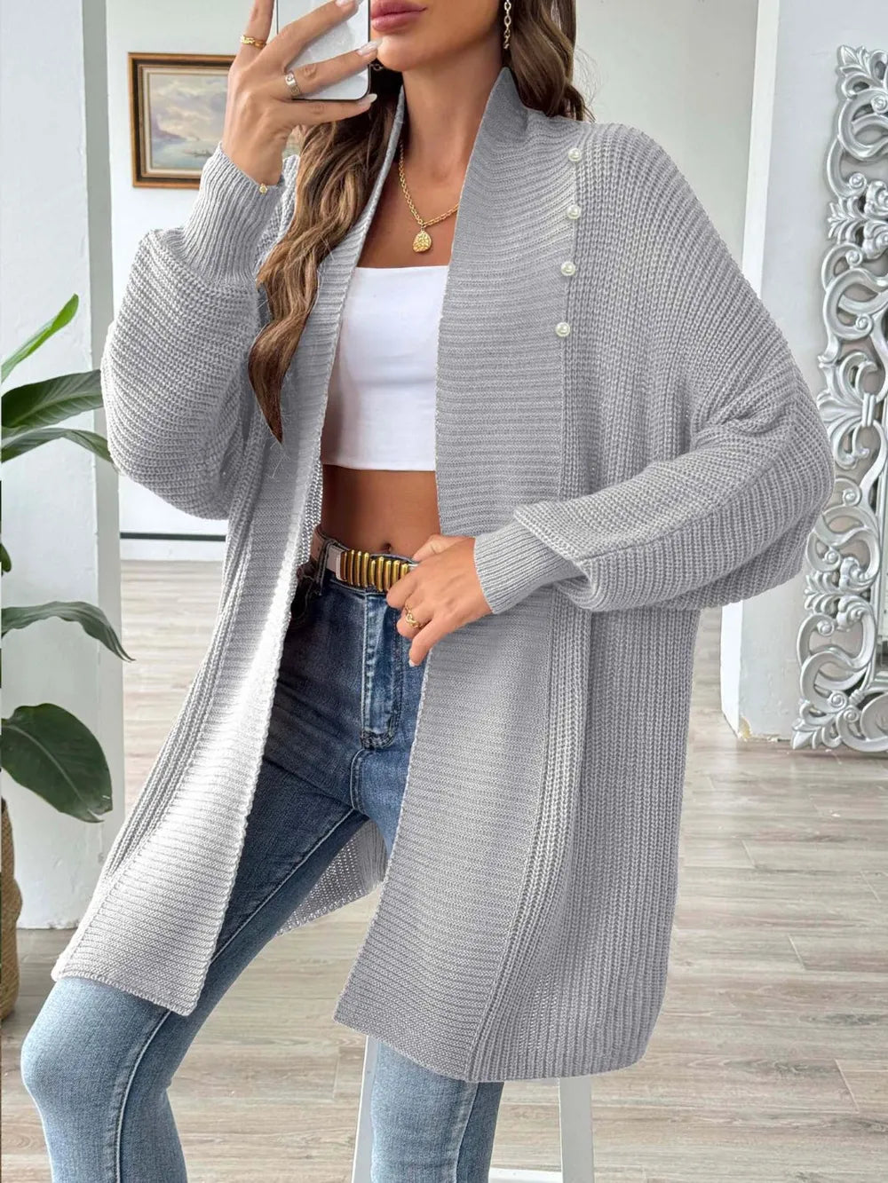 Simple and fashionable loose sweater with pearl nail beads cardigan - Korvel