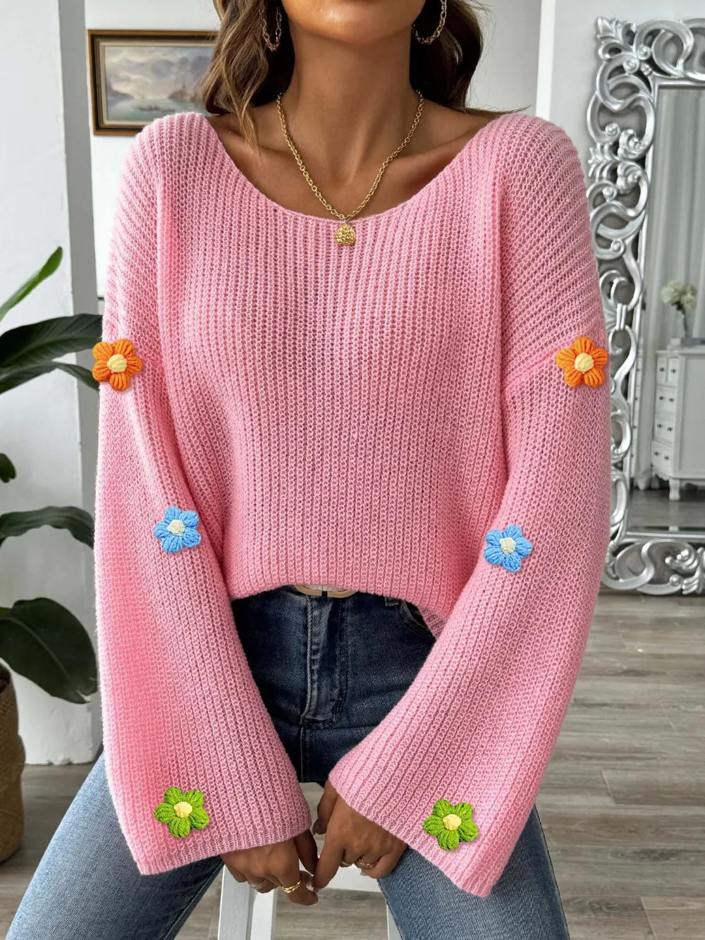 Simple and loose one neck off shoulder flared sleeve sweater - Korvel
