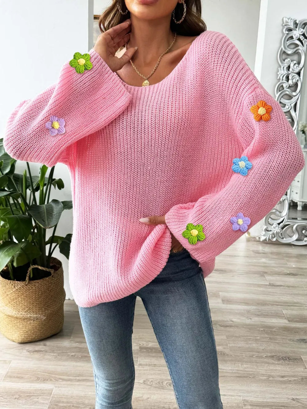 Simple and loose one neck off shoulder flared sleeve sweater - Korvel