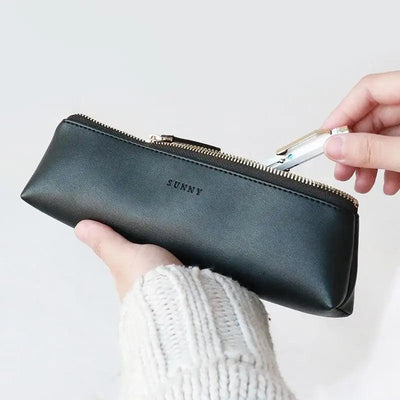 Classic Black Leather Pencil Case for Students and Professionals
