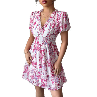 Simple deep V-floral dress dress - Korvel