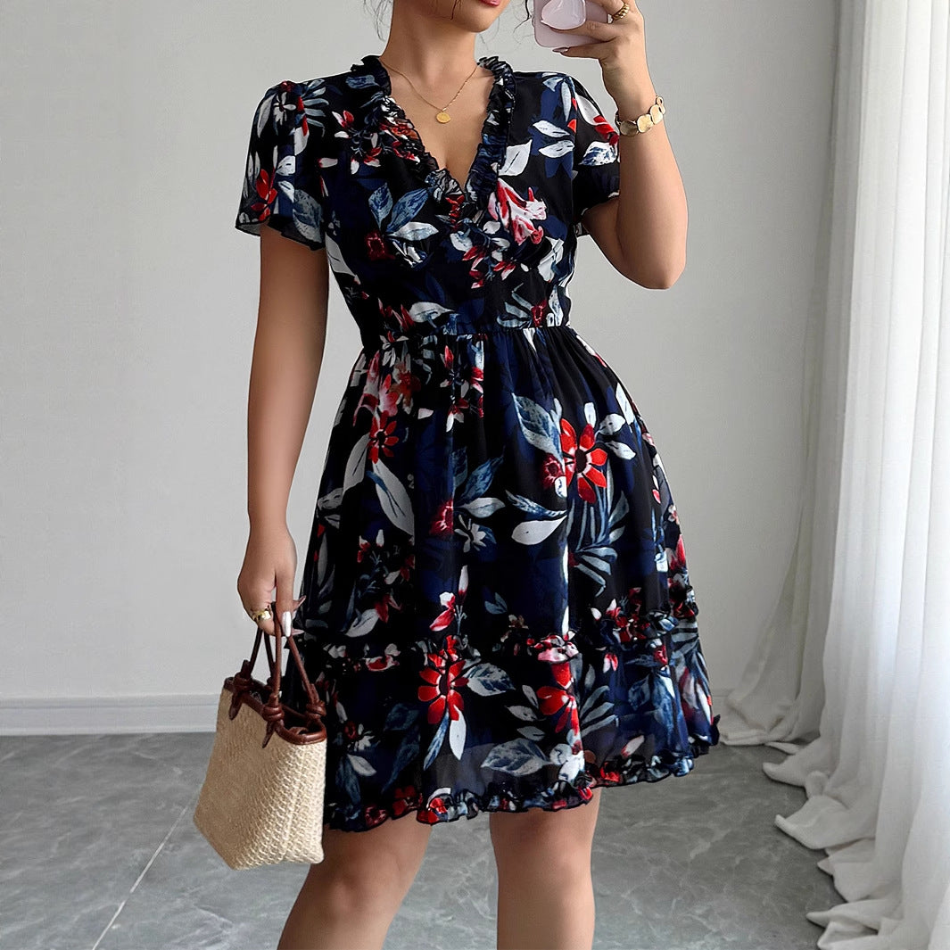 Simple deep V-floral dress dress - Korvel