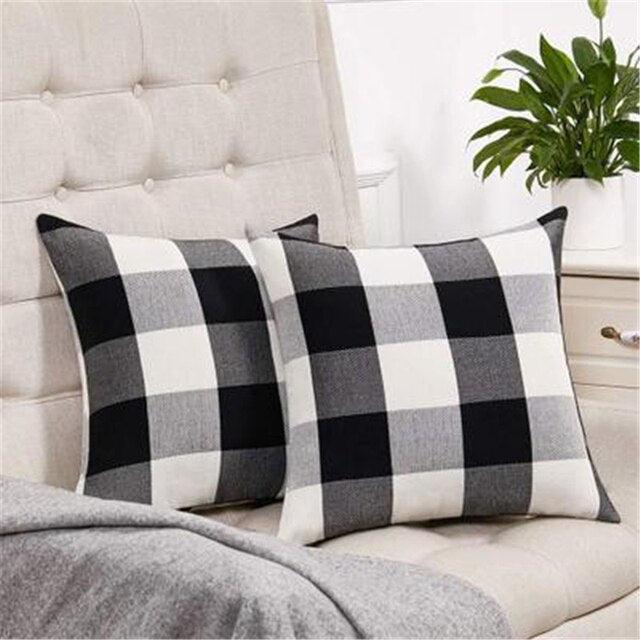 Housse de Coussin en Lin à Carreaux avec Fermeture Éclair Invisible - 45x45cm