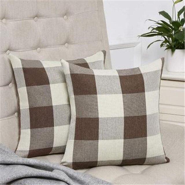 Housse de Coussin en Lin à Carreaux avec Fermeture Éclair Invisible - 45x45cm