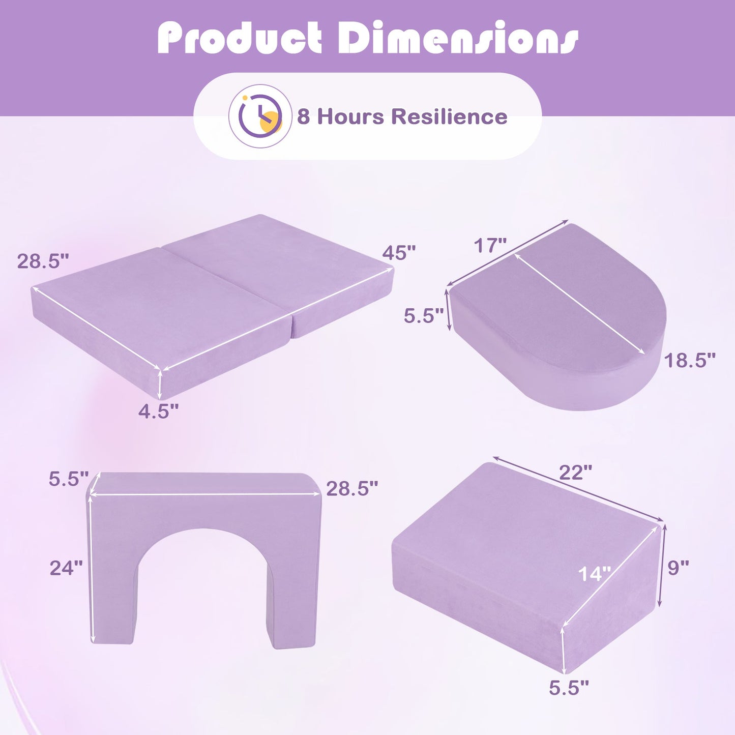 8-Piece Modular Kids Play Couch - Comfy Suede Fabric in Purple