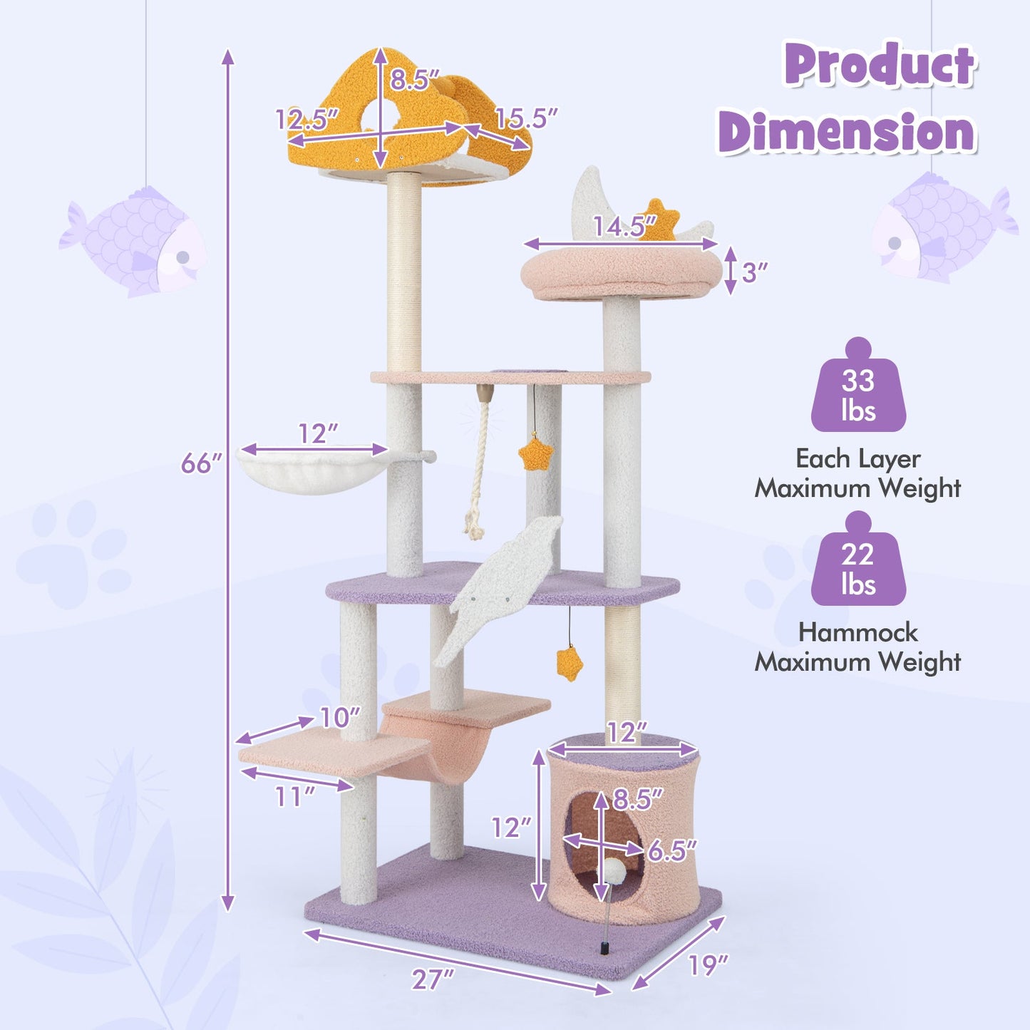 66 Inch Multi-level Cat Tree with Scratching Posts - Purple