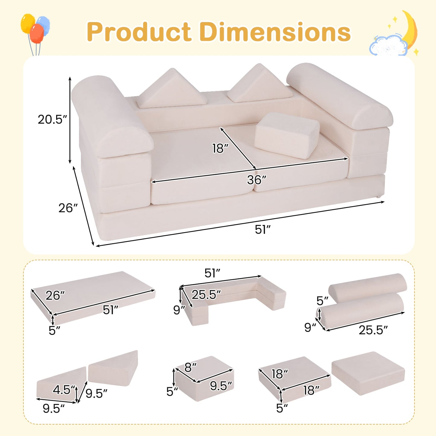 Ensemble de jeu en mousse à grimper et ramper de 9 pièces avec tissu en suède respirant - Beige