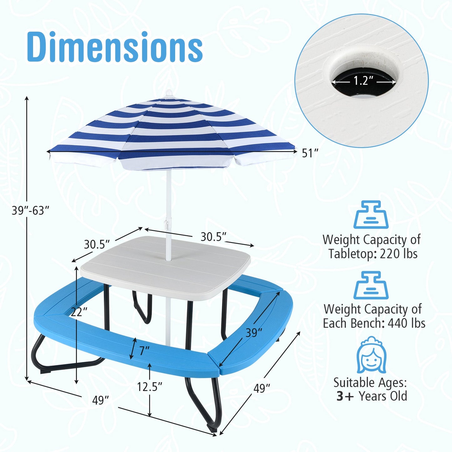 Mesa de Actividades al Aire Libre para Niños Pequeños con Paraguas Ajustable - Blanco