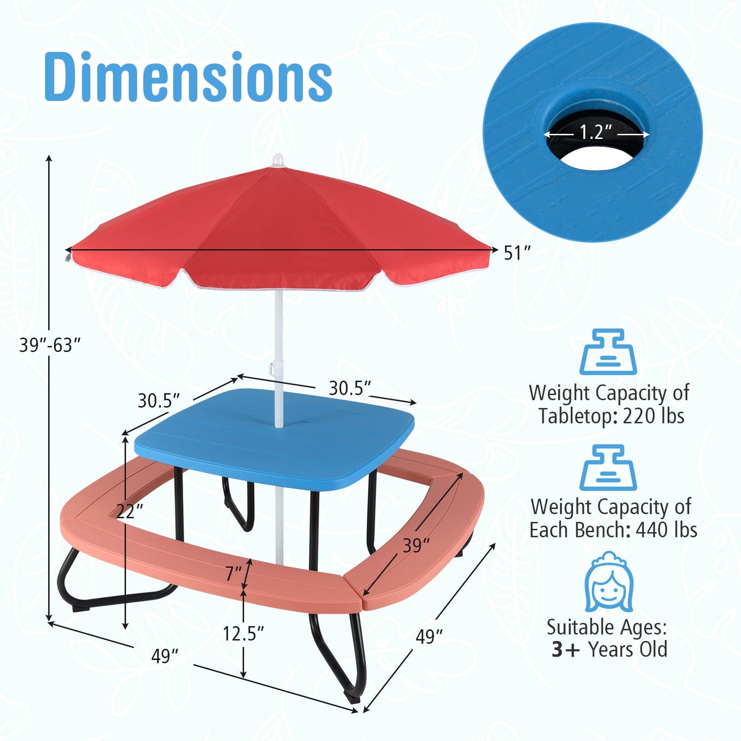Table d'activité extérieure pour tout-petits avec parasol réglable - Bleu