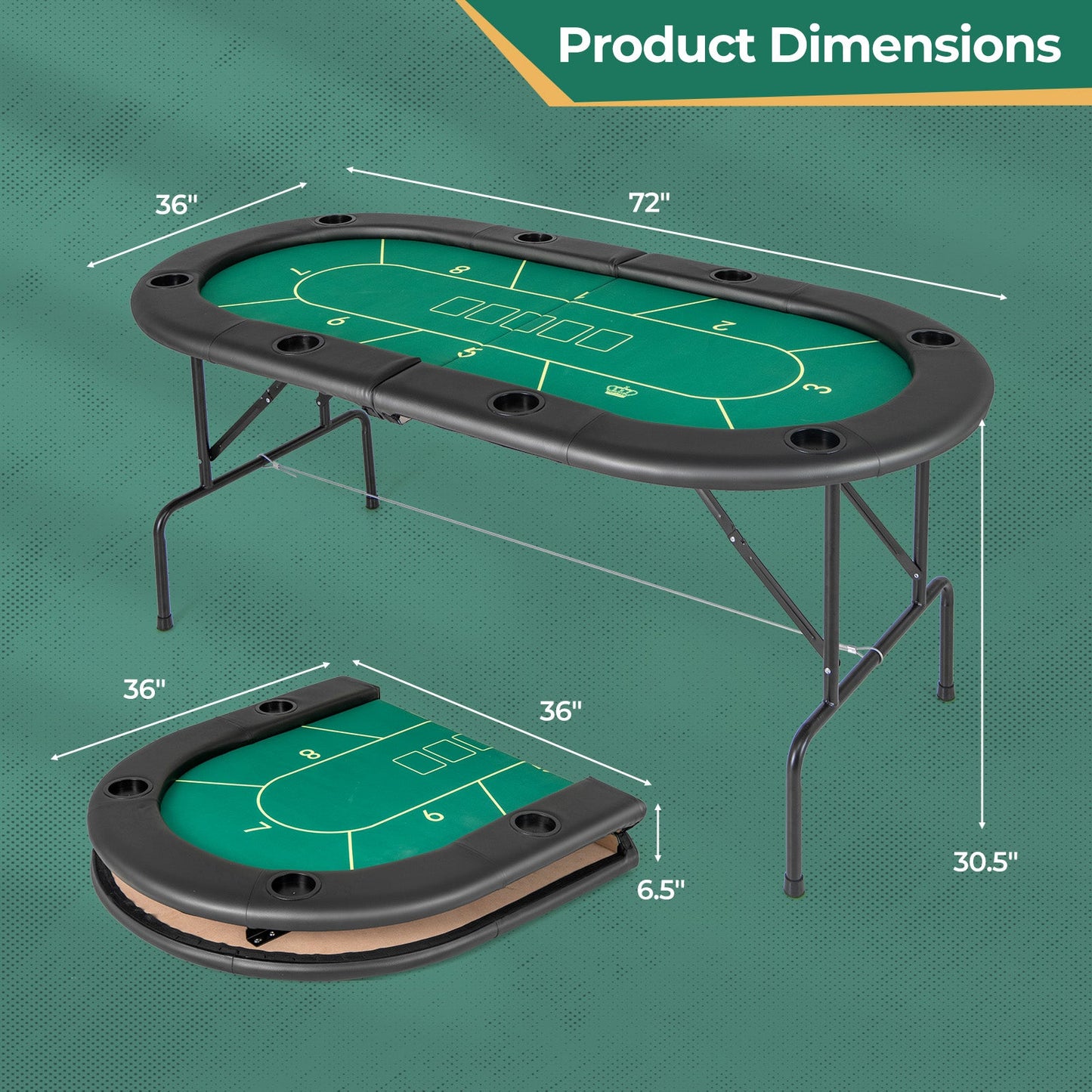 Foldable Poker Table with 8 Cup Holders - Green