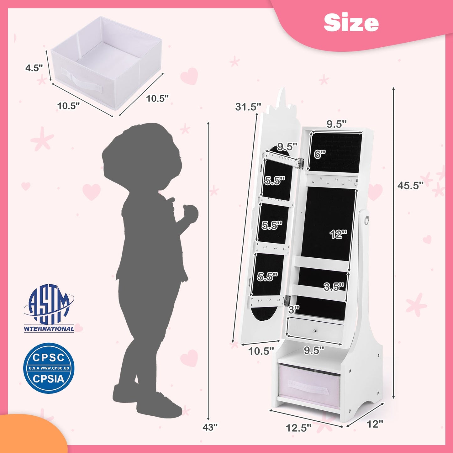 Armoire à bijoux pour enfants avec rangement et miroir réglable - Blanc