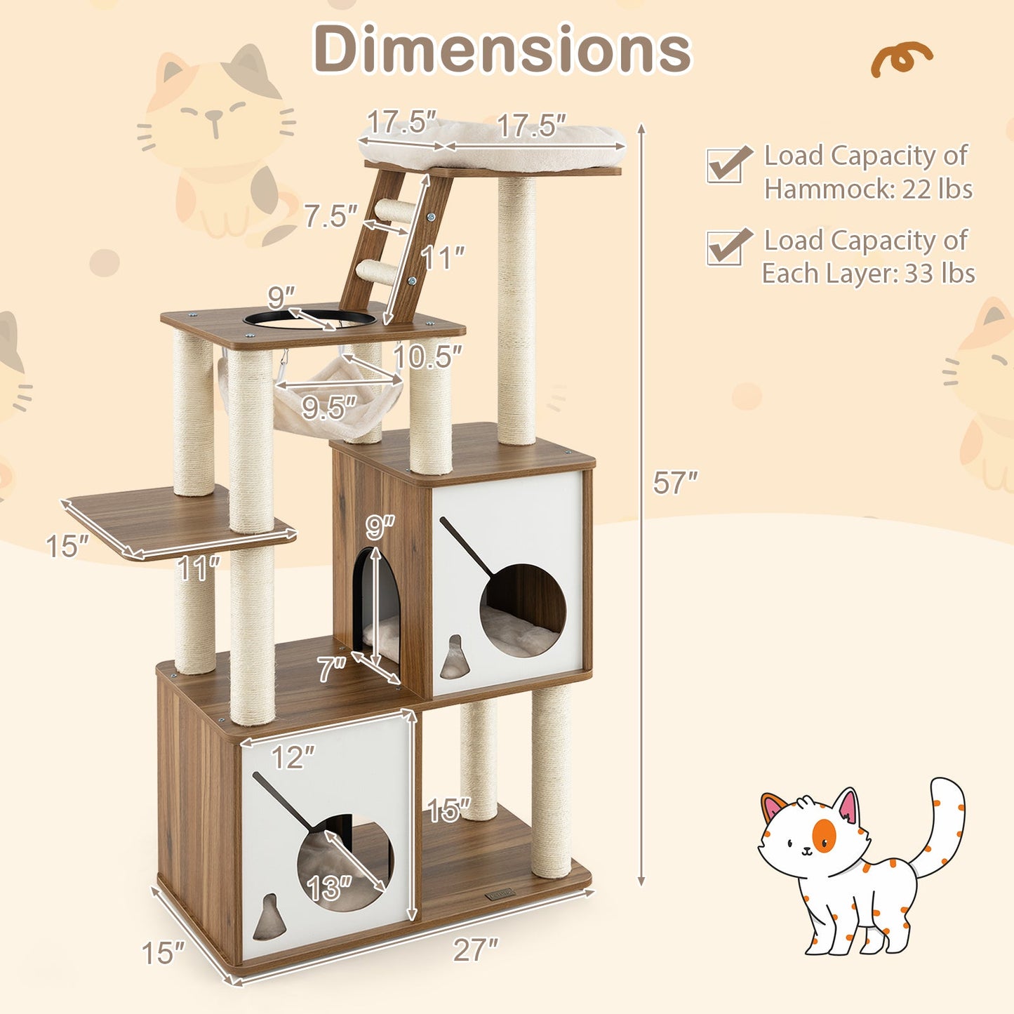 Árbol para Gatos de Múltiples Niveles de 57 Pulgadas con Postes para Rascar