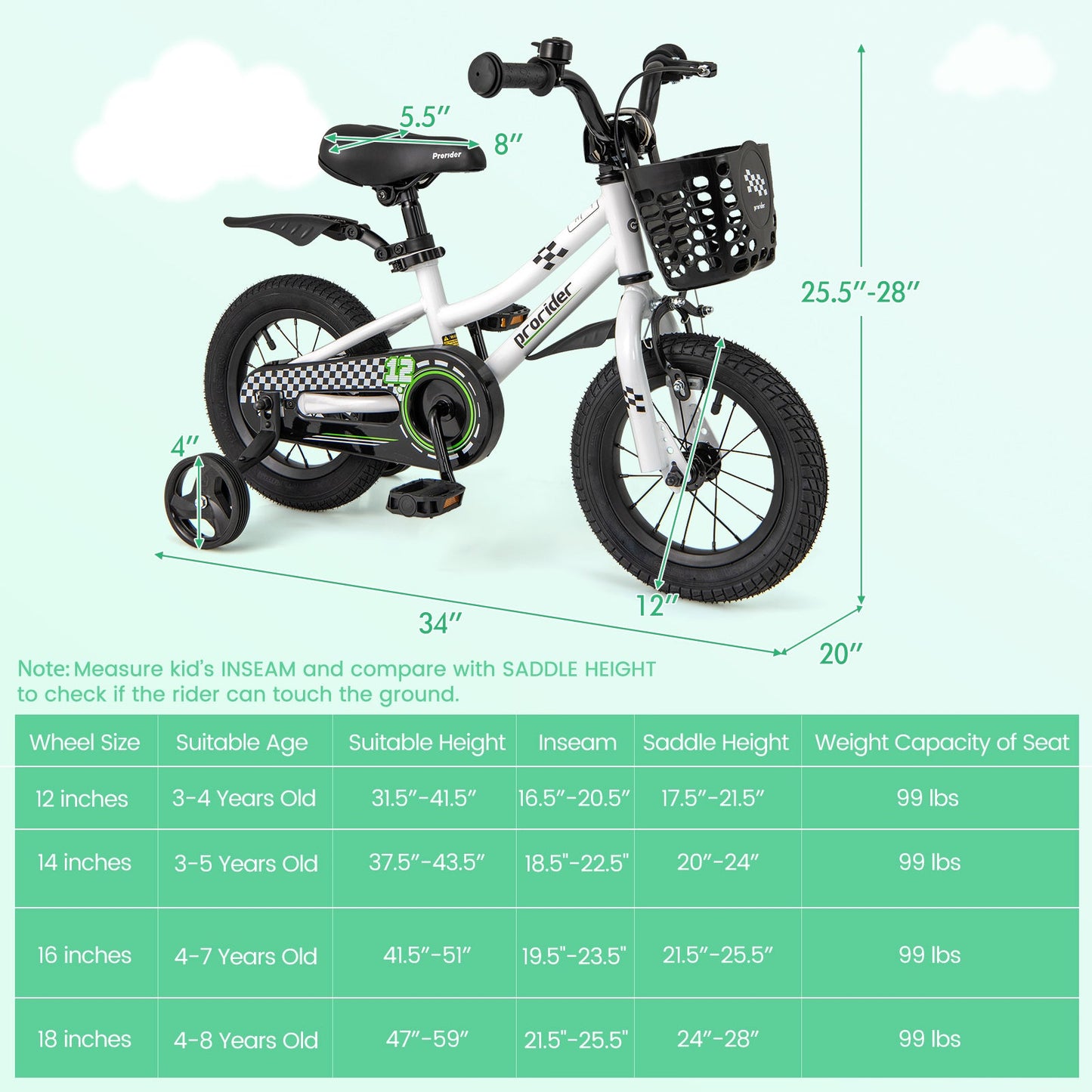 Bicicleta para Niños de 12 Pulgadas con Ruedas de Entrenamiento - Blanca