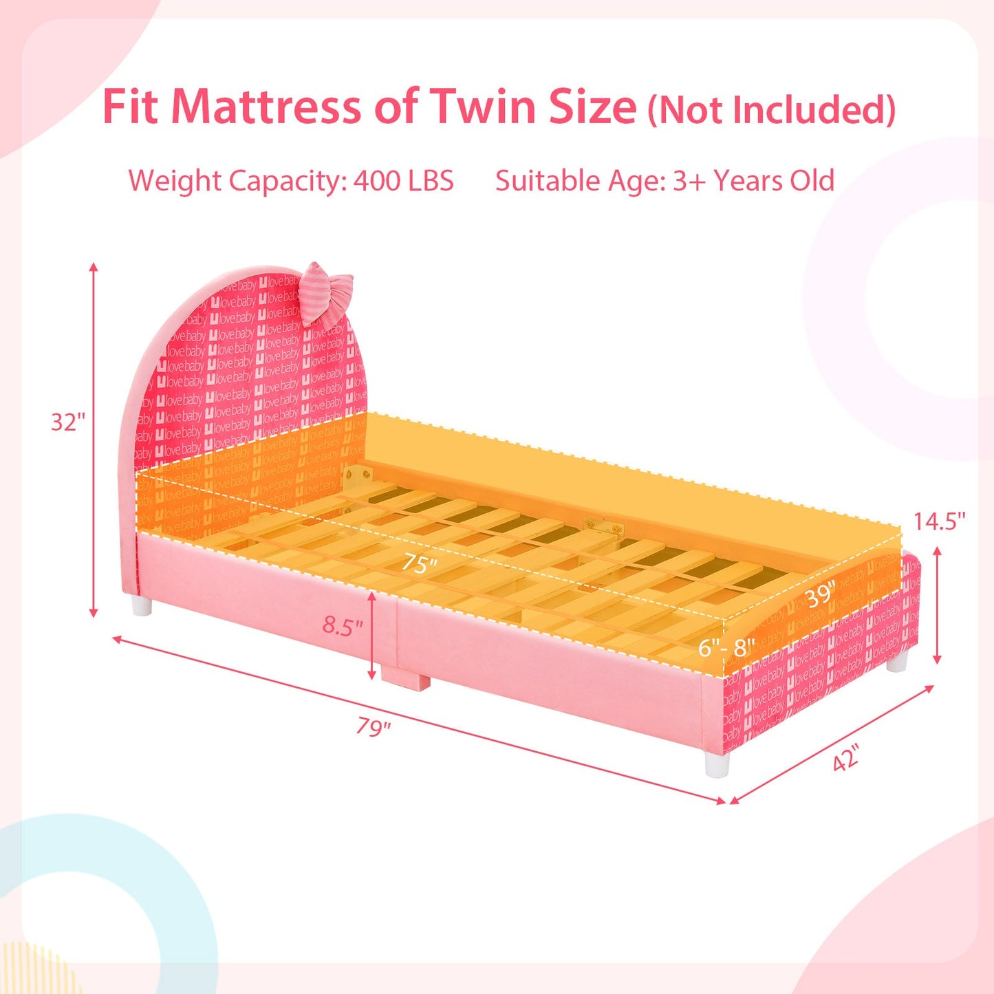 Cama Plataforma Twin Tapizada de Madera - Rosa