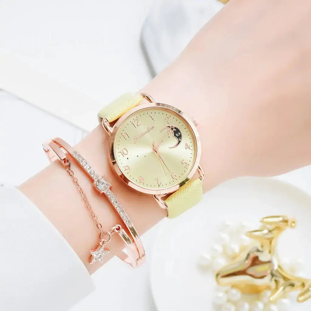 Conjunto de Reloj y Pulsera con Números de Luna