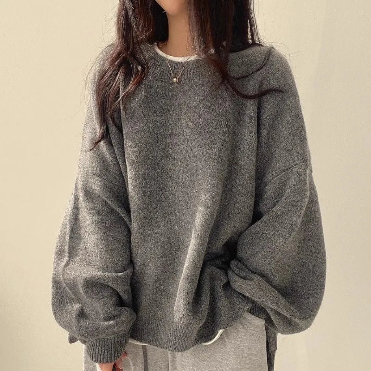 Pull en maille à col rond à manches lanternes pour femmes
