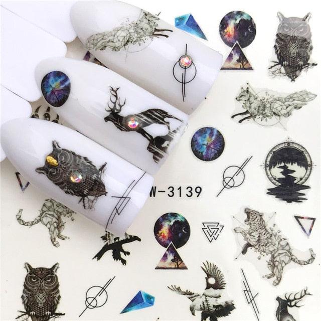 Autocollants d'art des ongles d'hiver - Designs d'élan et de loup