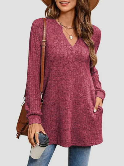 Slit Notched Pocketed Long Sleeve T-Shirt - Korvel