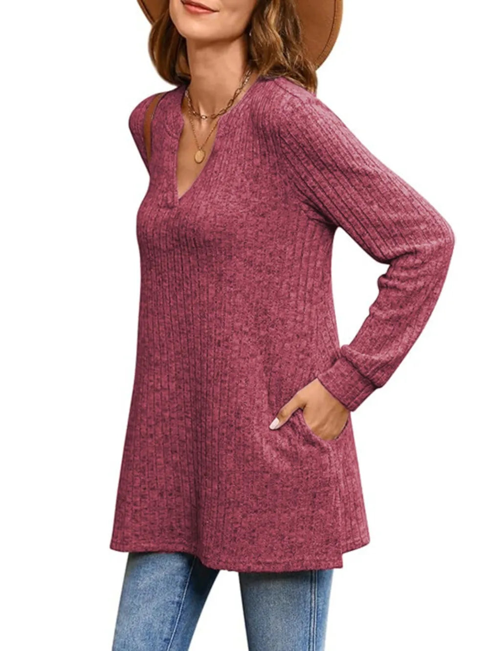 Slit Notched Pocketed Long Sleeve T-Shirt - Korvel