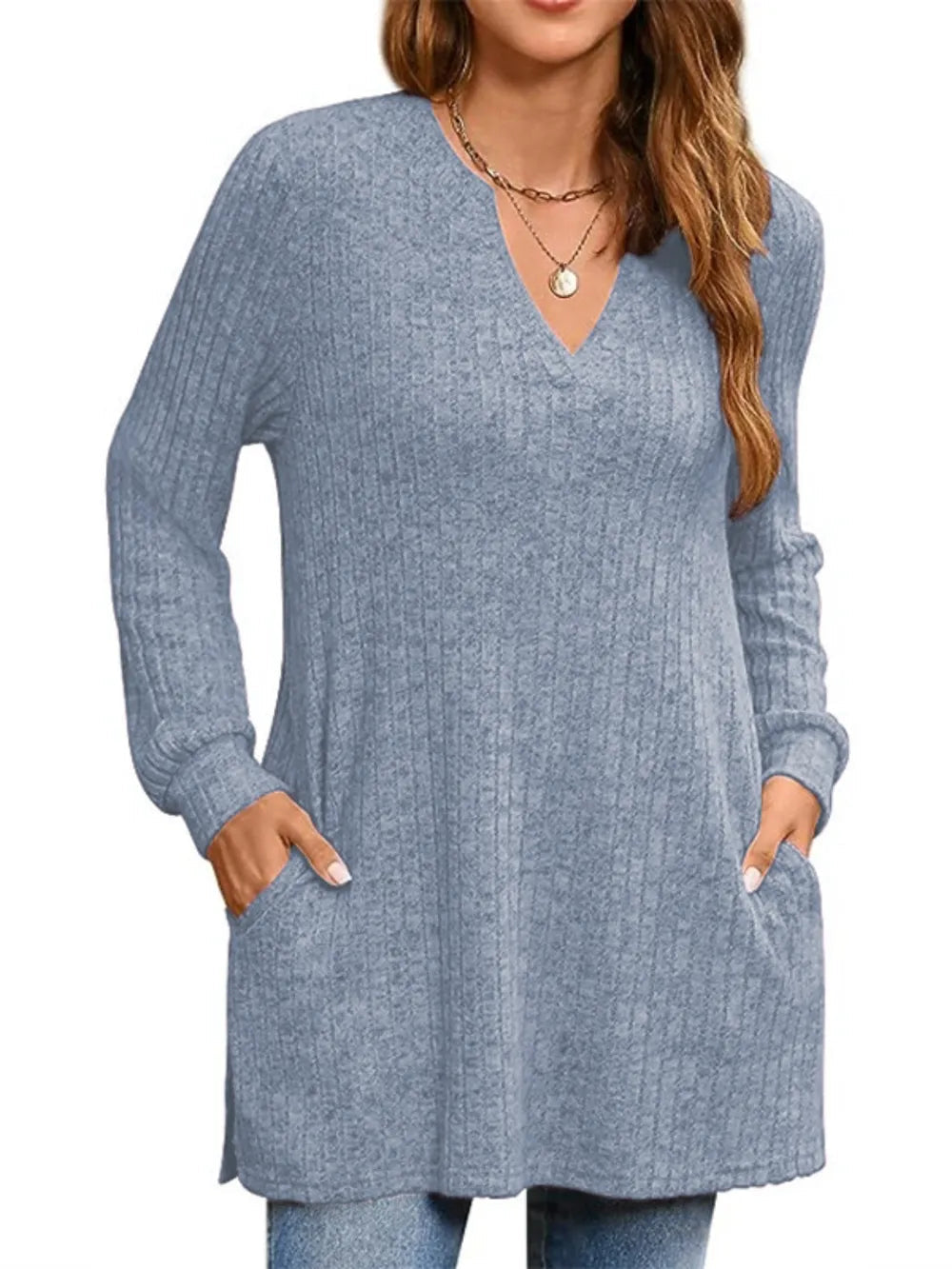 Slit Notched Pocketed Long Sleeve T-Shirt - Korvel