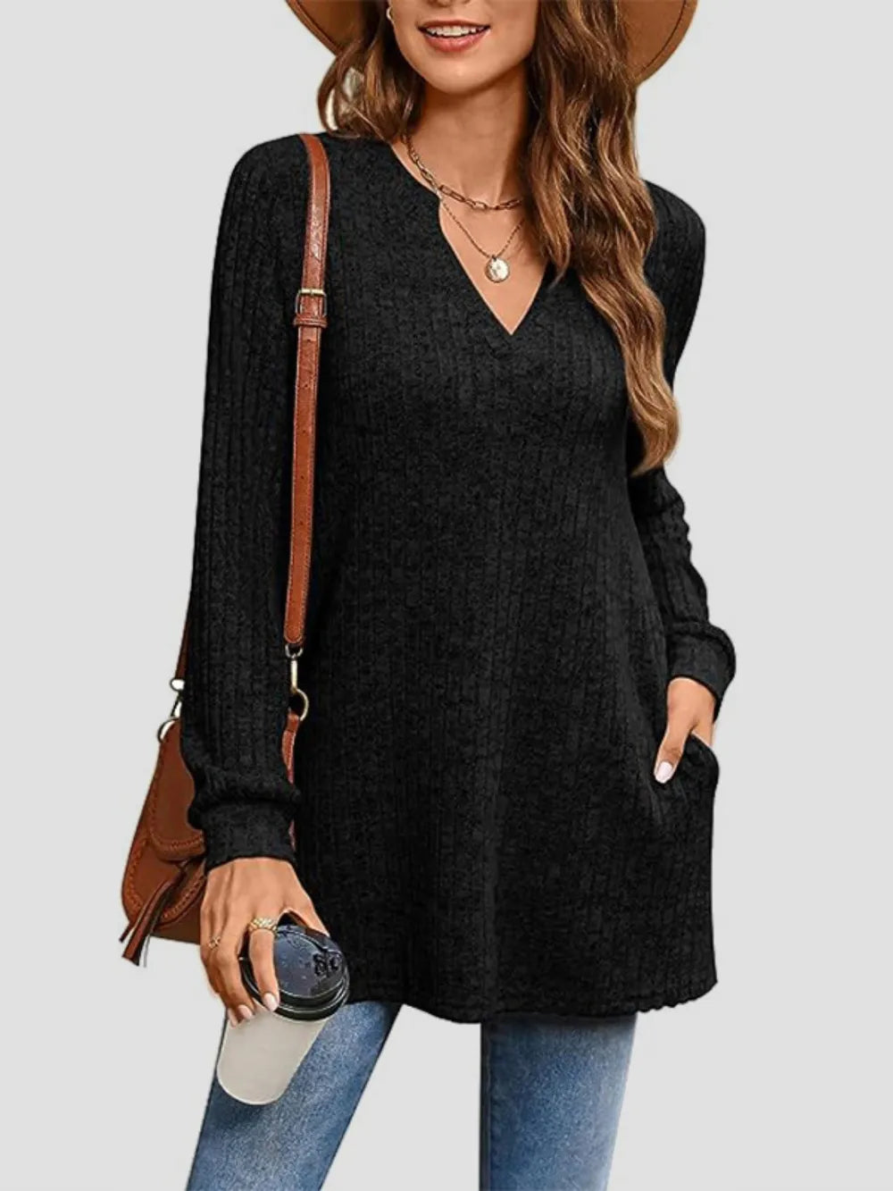 Slit Notched Pocketed Long Sleeve T-Shirt - Korvel
