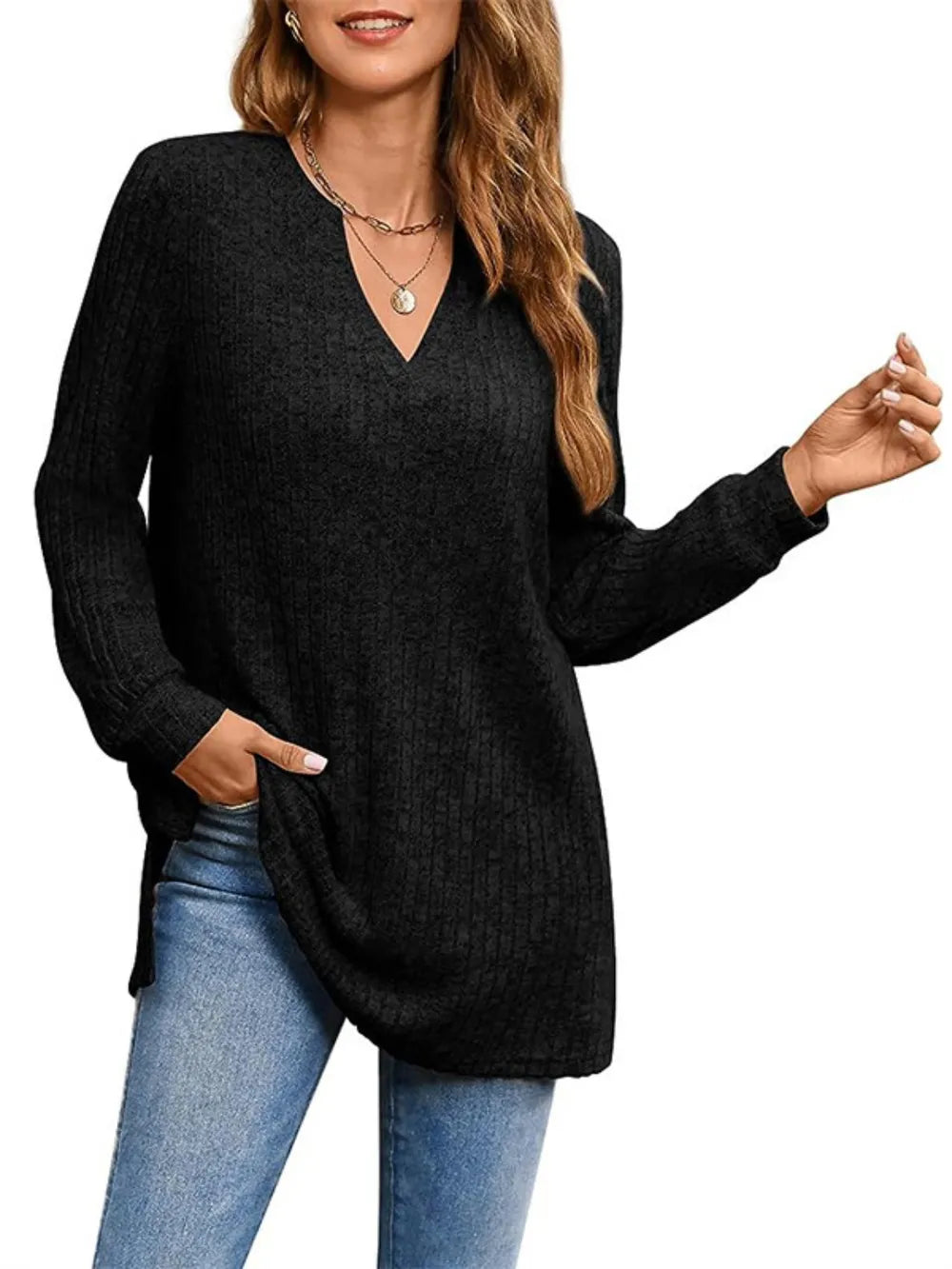 Slit Notched Pocketed Long Sleeve T-Shirt - Korvel