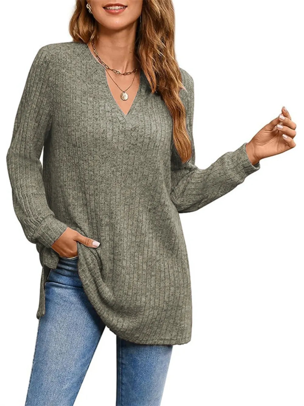 Slit Notched Pocketed Long Sleeve T-Shirt - Korvel