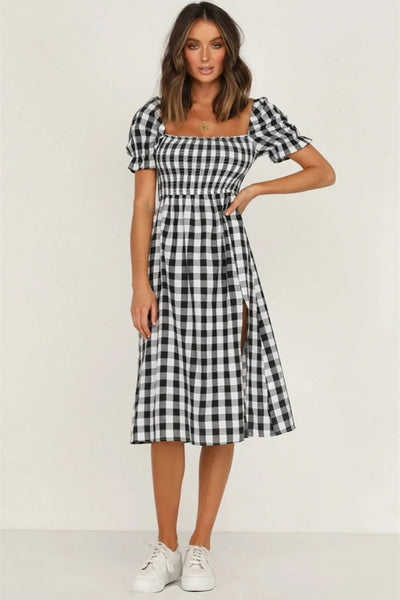 Slit Plaid Short Sleeve Midi Dress