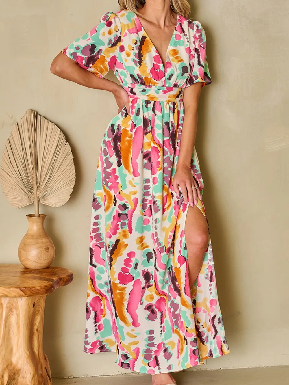Elegant Slit Printed Surplice Maxi Dress
