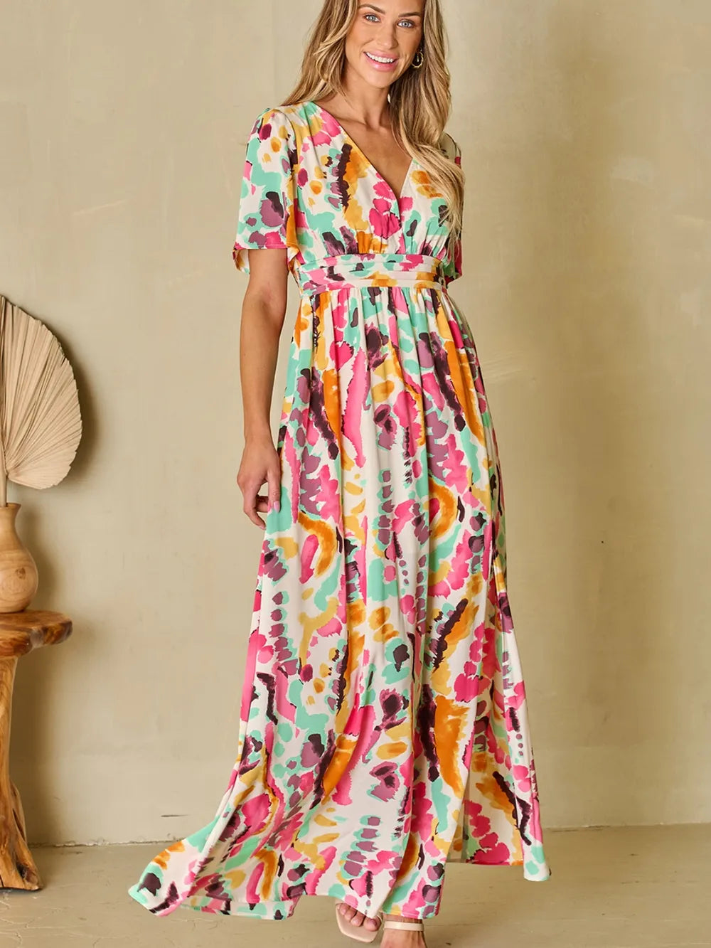 Elegant Slit Printed Surplice Maxi Dress