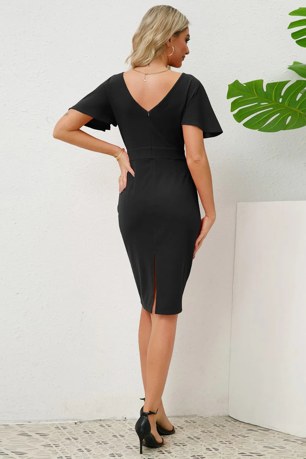 Slit Round Neck Flutter Sleeve Dress - Korvel