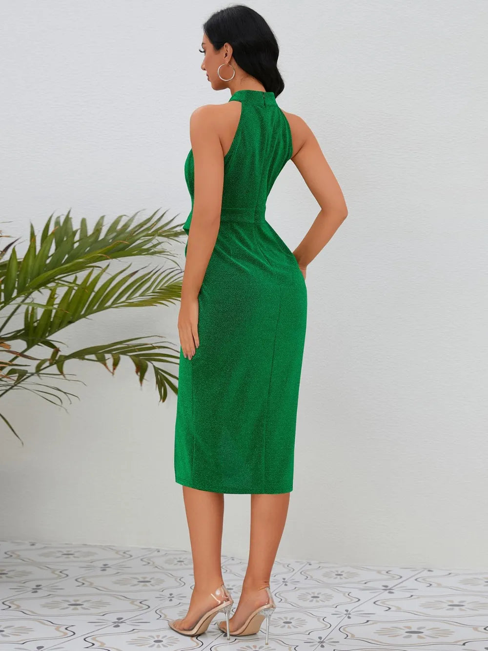 Slit Ruched Mock Neck Sleeveless Dress - Korvel